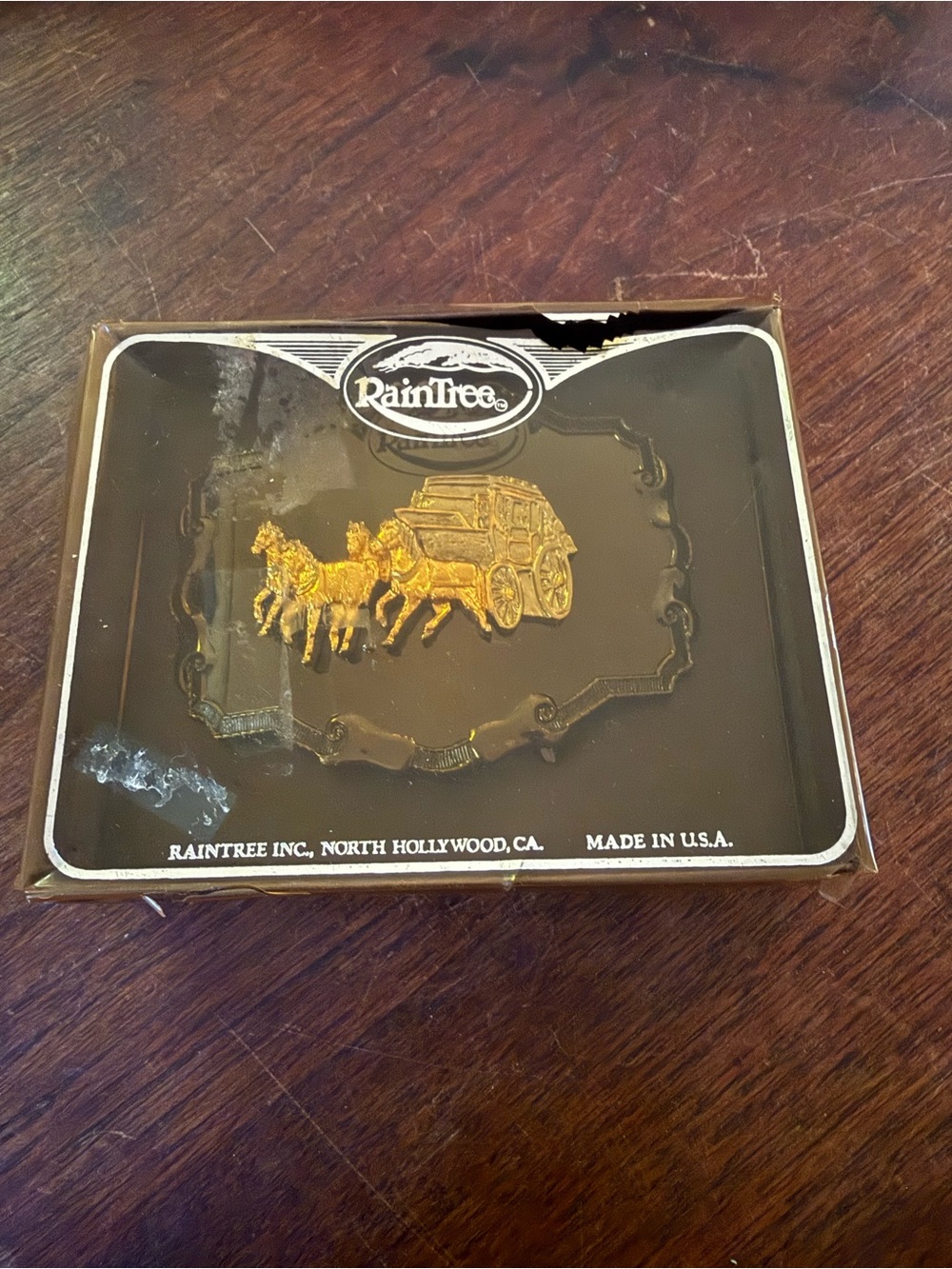 Vintage 1978 Western Stagecoach Horses Belt Buckle Raintree Made in USA Boxed
